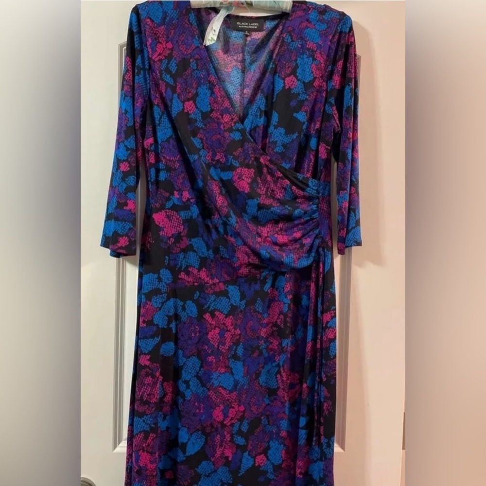 Evan Picone Black Label Women’s 16 Ruched Waist Faux Wrap Dress Multicolored